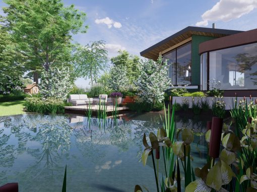 Tuin bij een architectonische woning in het buitengebied – Schipluiden